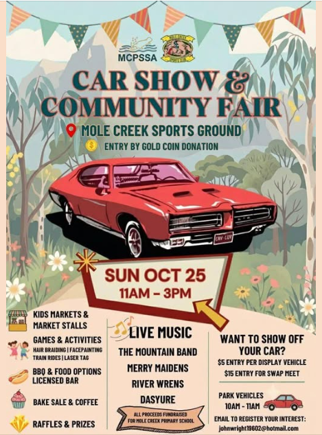 MCPSSA Car Show and Community Fair poster - classic red car, Mole Creek Sports Ground, Sunday 25 October 2026