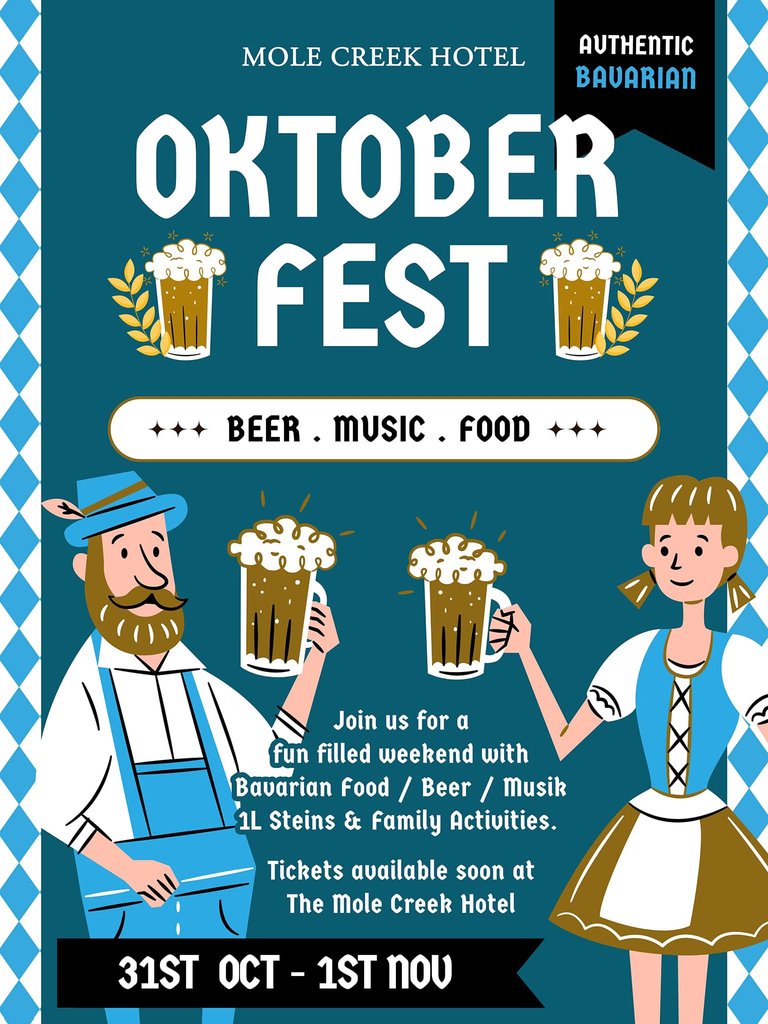 Event poster: Oktoberfest at the Mole Creek Hotel, authentic Bavarian beer, music and food, 31 October to 1 November