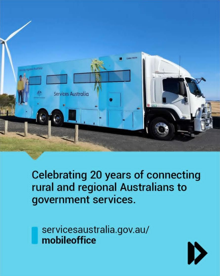 Event poster: the Services Australia Mobile Service Centre truck, visiting Mole Creek on Wednesday 30 September